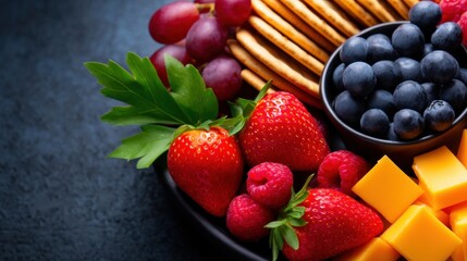 Vibrant Snack Board with Fresh Berries, Grapes, Cheese, and Crackers