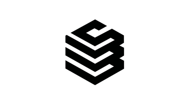 Abstract geometric logo icon in black and white, modern minimalist design element, cubic hexagonal shape, digital technology symbol