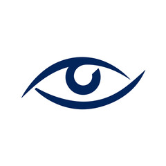 Abstract dark blue eye icon on white, symbolizing vision, sight, optical, security, surveillance, observation, awareness