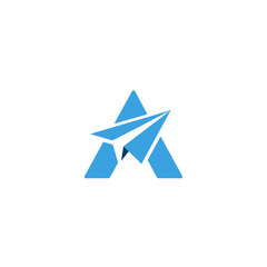 Fototapeta premium Modern blue letter A graphic with a stylized paper airplane, representing communication, travel, or ambition in abstract design.