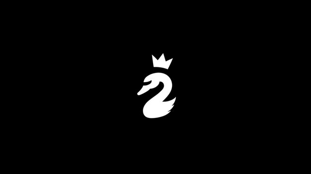 Elegant white swan wearing a regal crown, minimalist graphic design illustration on a black background, graceful animal symbol.