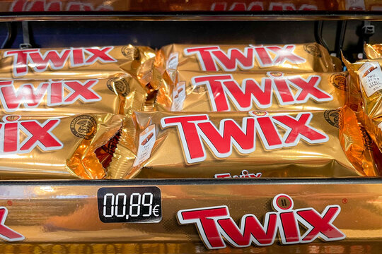 Bar, Montenegro, 25 October 2025, Twix brand chocolate candy in supermarket