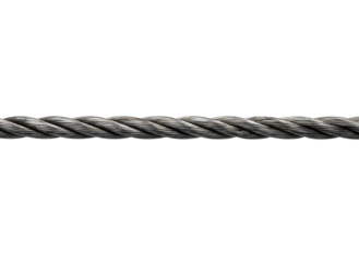 Close-up of twisted iron silver metallic rope or steel cable. Isolated on white background, PNG format. Ideal for construction, industrial design, hardware, engineering, strong cable, and product