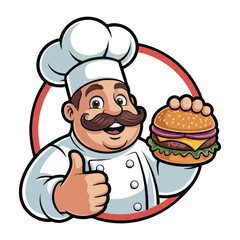 Cartoon chef with mustache holding a burger and giving thumbs up hamburger food