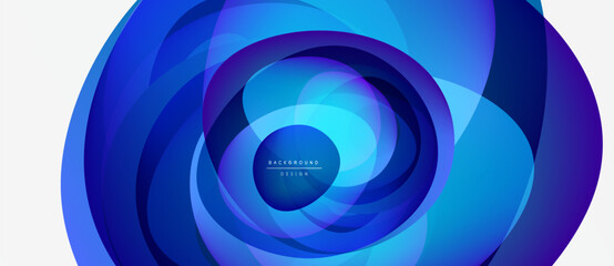 Abstract blue layers create swirling vortex effect. Gradient shades suggest depth, motion, modern design elements. Minimal text present.