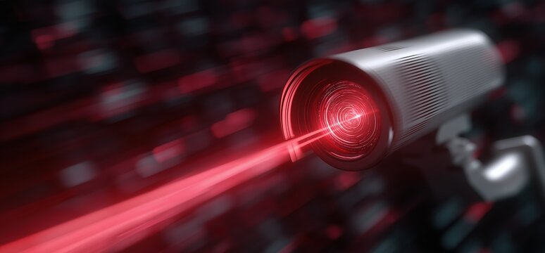 3d rendering of a laser security camera on the wall with a red light and holographic graphic in a futuristic style for a digital technology concept, close-up view.