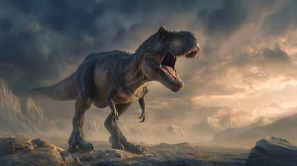 AI-generated image - A fierce Tyrannosaurus rex roaring on rocky terrain under dramatic cloudy skies, showing power and prehistoric realism with cinematic lighting.