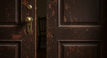 Close-up of weathered, brown wooden door slightly ajar, revealing a chair