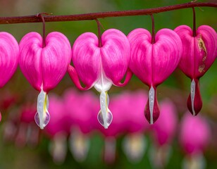 Close-up of vibrant pink and white bleeding heart flowers hanging from a brown stem