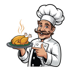 Cartoon chef with mustache holding roasted chicken on platter cooking food