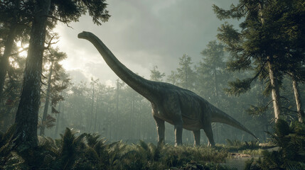 AI-generated image - A giant Diplodocus dinosaur walking through a misty prehistoric jungle with tall trees and dense foliage, cinematic lighting and natural atmosphere.