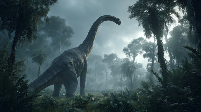 AI-generated image - A giant Diplodocus dinosaur walking through a misty prehistoric jungle with tall trees and dense foliage, cinematic lighting and natural atmosphere.