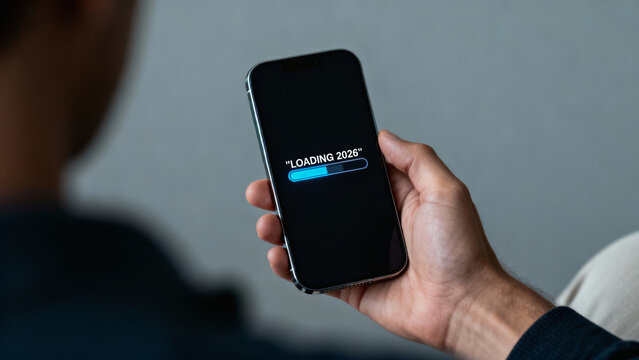 Man holding smartphone with loading app screen showing hopeful market prediction for new year. Awaiting future results