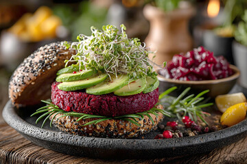 Delicious vegetarian burger with beetroot patty, fresh vegetables, and side dishes on rustic wooden table