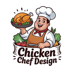 Cheerful cartoon chef holding roasted chicken with vegetables and text illustration