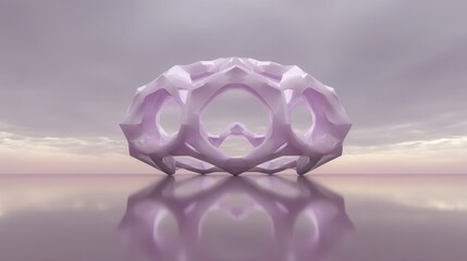 Abstract lavender sculpture reflecting on calm waters at sunset