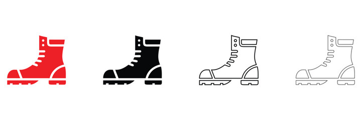 Hiking boots icons set, construction work boot, combat, army boot, winter boot vector, silhouette and line art