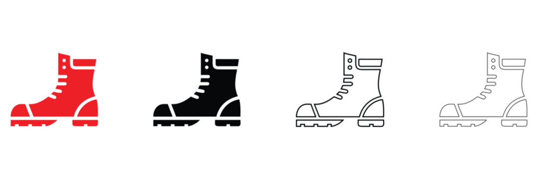 Hiking boots icons set, construction work boot, combat, army boot, winter boot vector, silhouette and line art