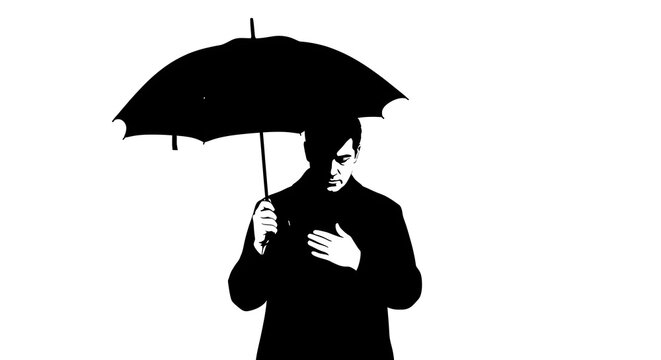 Silhouette of a man in a coat holding an umbrella against a white background in black and white art