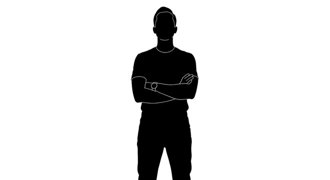 Silhouette of a man standing with arms crossed wearing a watch on a white background in full body
