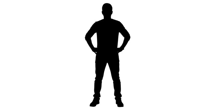 Silhouette of a man standing with hands on hips against a plain white background in full shot view - Powered by Adobe