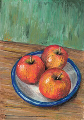 still life painting with apples in oil pastel