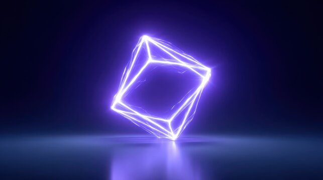 Futuristic glowing cube with electric energy in a dark space
