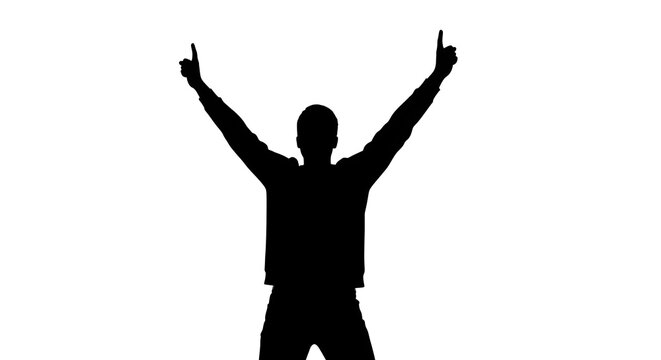 Silhouette of person with arms raised and index fingers pointing up on a white background image shot