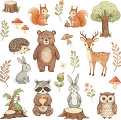 Obraz premium Cute watercolor woodland animals forest elements