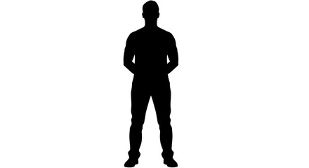 Silhouette of a man standing with his hands behind his back against a white background in full shot