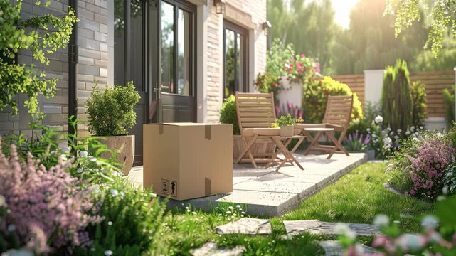 Concept of online delivery service featuring a cardboard parcel box at the entrance door step