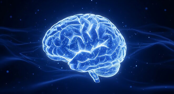 Glowing human brain illustration with connected neurons and abstract dark background