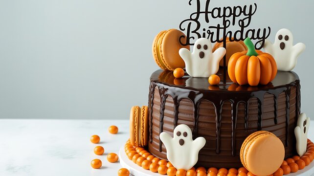 Halloween themed birthday cake with ghosts pumpkins and chocolate frosting celebration - Powered by Adobe