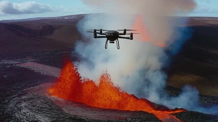 Unmanned aerial vehicle observing active volcanic eruption spewing molten rock and smoke - Powered by Adobe