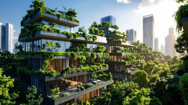 Contemporary apartment building covered with green vegetation and landscaping, contrasting with a city skyline in the background on a bright day.