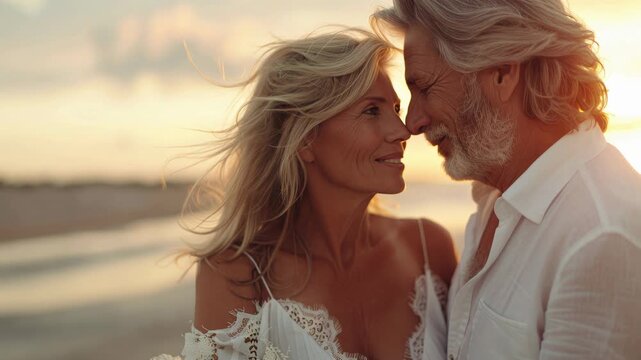 Joyful senior couple embracing by the sea at sunset, enjoying their romantic vacation together