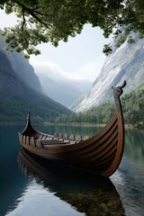 Serene wooden boat floating on calm river surrounded by lush green trees and majestic mountains in a peaceful natural landscape scene