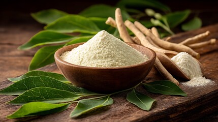 Natural Ingredients: Herb Powder, Roots, and Leaves on a Rustic Wooden .