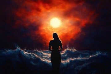 Silhouette of a woman standing calmly before turbulent ocean waves under a dramatic fiery orange and red sunset sky