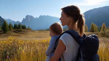 Beautiful outdoor landscape featuring woman and child enjoying nature with scenic mountains lush greenery clear sky and peaceful wilderness setting