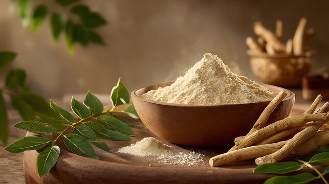 A natural, earthy composition showcasing a bowl of herbal powder with natural elements.