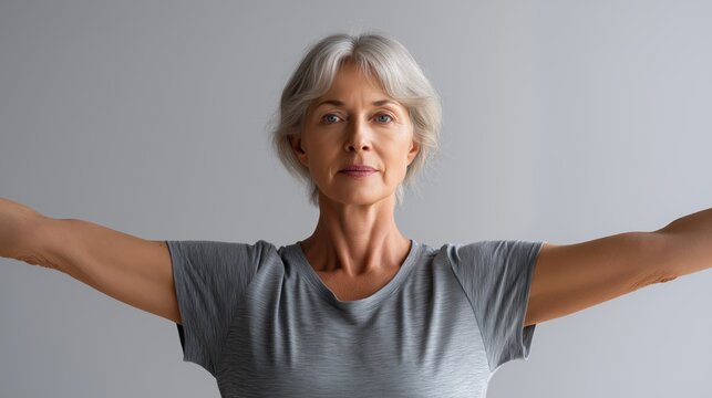 Professional elderly woman practicing gentle exercise for health wellness and vitality focusing on aging balance strength relaxation and overall well-being
