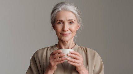 Elegant senior woman with gray hair smiling peacefully showcasing confidence natural beauty healthy lifestyle and positive aging in a relaxed portrait