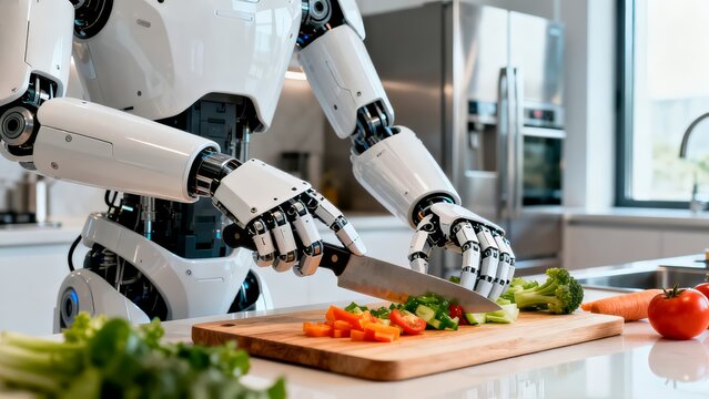 Humanoid Robot Cooking Meal in Modern Kitchen Domestic Assistant