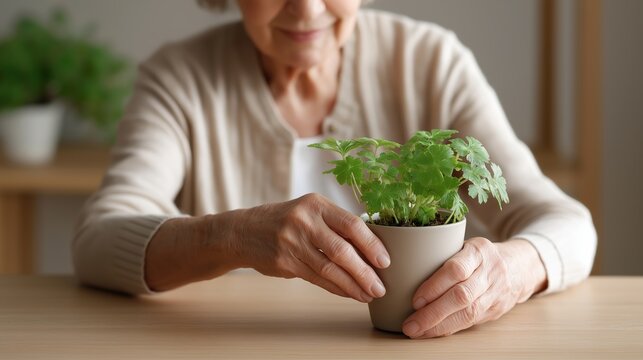 Healthy elderly woman caring for indoor plant in a cozy home environment promoting wellness relaxation and natural lifestyle for seniors