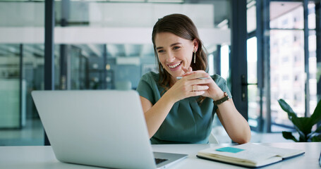 Laptop, happy woman or listening to business webinar, virtual training or productivity lecture. Note taking, office or employee with pc for online advice, company optimization or development workshop