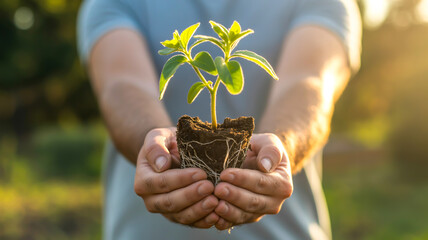 A close-up photograph of hands cradling a small green plant with fresh soil and roots visible.