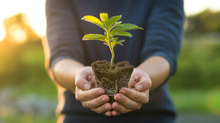 A close-up photograph of hands cradling a small green plant with fresh soil and roots visible.