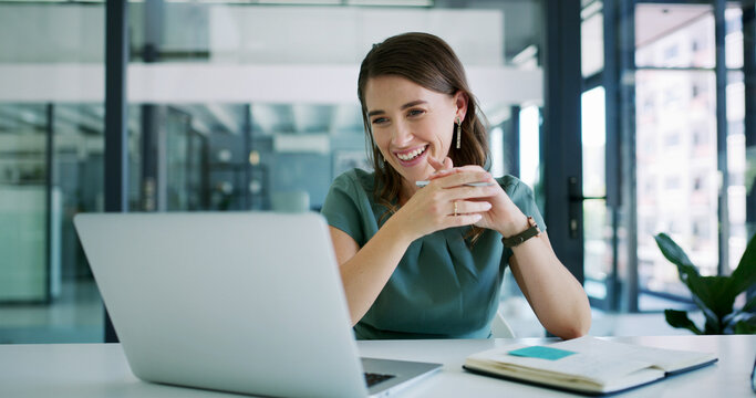 Laptop, happy woman or listening to business webinar, virtual training or productivity lecture. Note taking, office or employee with pc for online advice, company optimization or development workshop