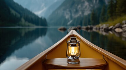 Serene mountain lake landscape with canoe on calm water surrounded by lush forest and majestic peaks capturing outdoor adventure and scenic tranquility